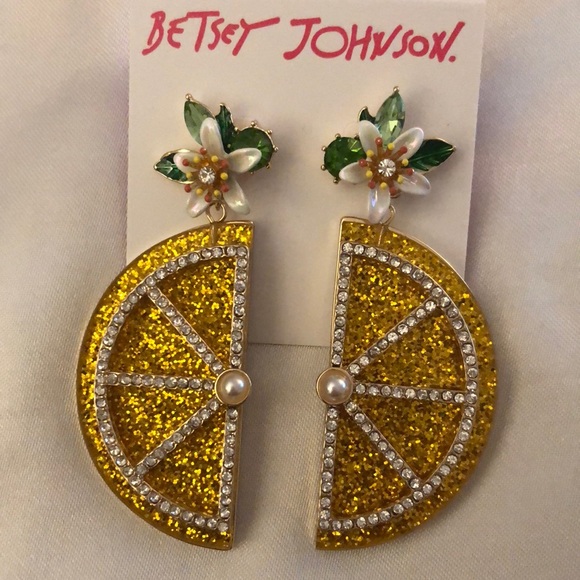 Betsey Johnson Gold Tone & Yellow Lemon Slice Drop Earrings Crystal Accents NWT - Picture 5 of 11